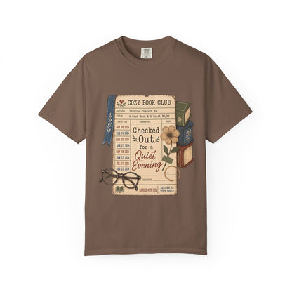 Checked Out for a Quiet Evening reading T-shirt with vintage library card, books and glasses on Espresso.