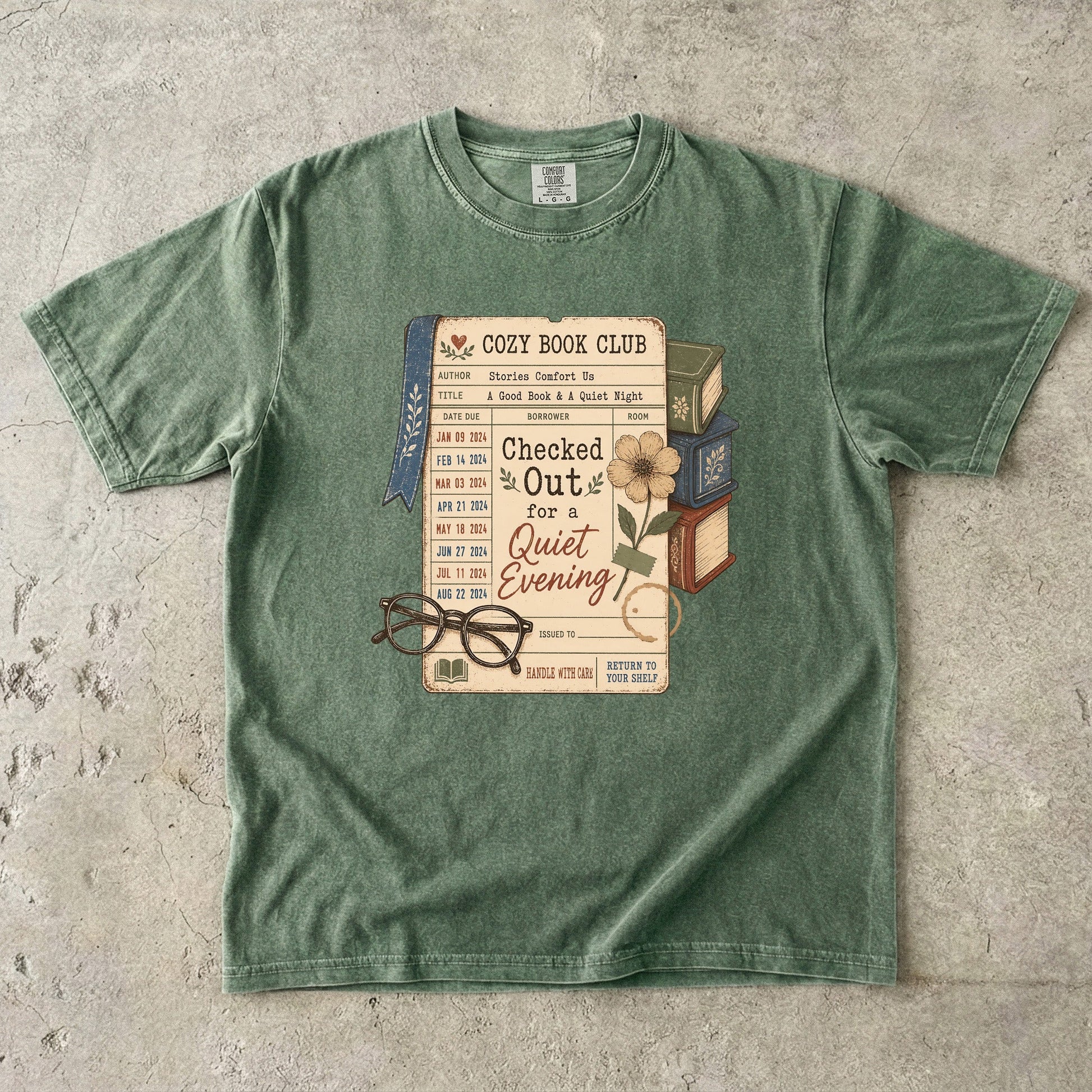 Checked Out for a Quiet Evening reading T-shirt with vintage library card, books and glasses on Moss.