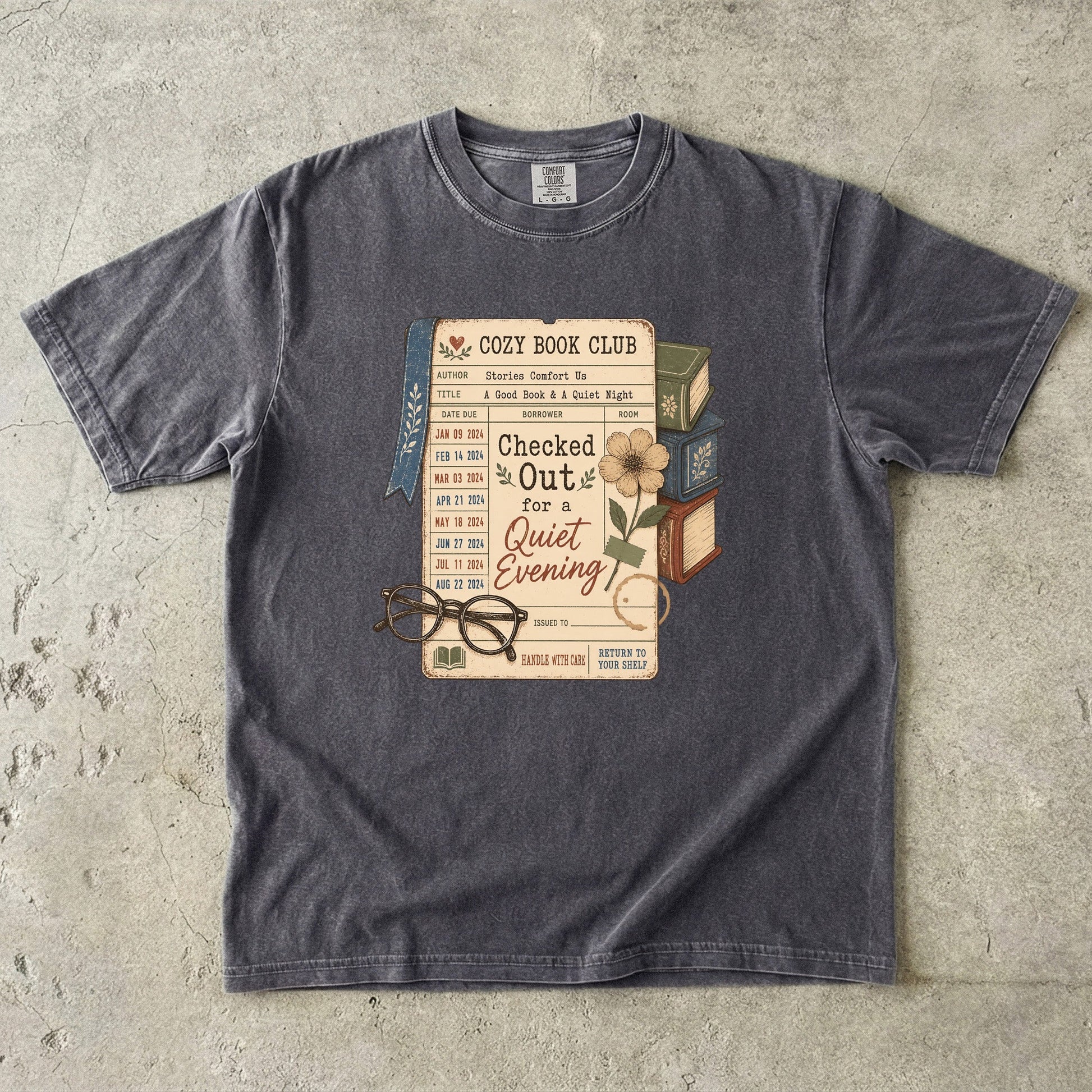 Checked Out for a Quiet Evening reading T-shirt with vintage library card, books and glasses on Pepper.