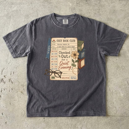Checked Out for a Quiet Evening reading T-shirt with vintage library card, books and glasses on Pepper.