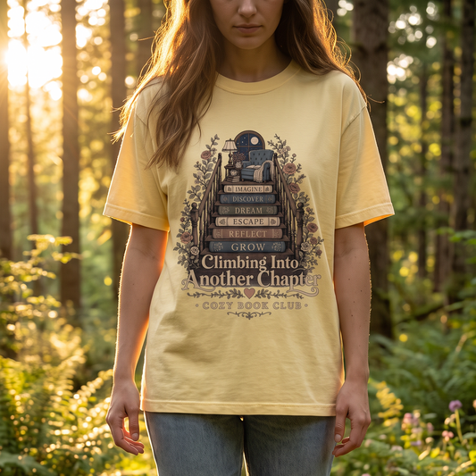 Woman wearing a Butter Comfort Colors® Climbing Into Another Chapter book lover T-shirt while walking through a peaceful forest, showcasing the vintage literary design inspired by reading, growth and cozy book club life.