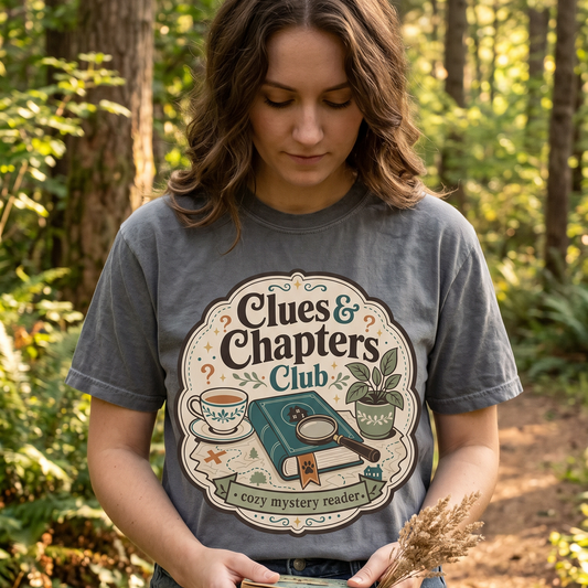Woman wearing a Clues and Chapters Club cozy mystery reader T-shirt outdoors, featuring a book, magnifying glass, tea cup and map design.