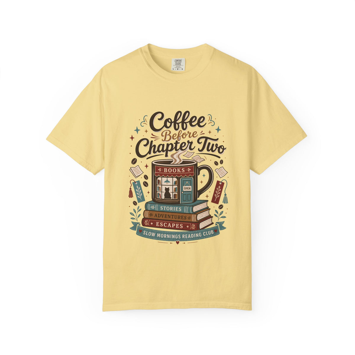 Coffee Before Chapter Two book lover T-shirt in Butter, featuring a coffee mug bookshop, stacked books, bookmarks and literary details.