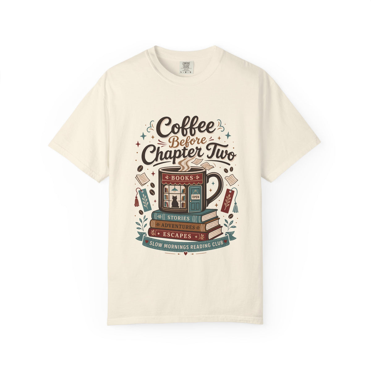 Coffee Before Chapter Two book lover T-shirt in Ivory, featuring a coffee mug bookshop, stacked books, bookmarks and literary details.