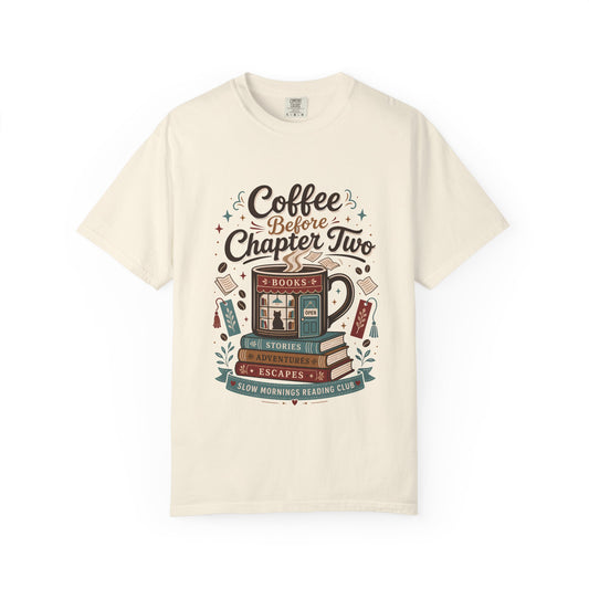 Coffee Before Chapter Two book lover T-shirt in Ivory, featuring a coffee mug bookshop, stacked books, bookmarks and literary details.
