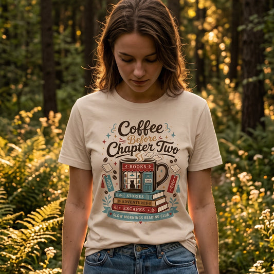 Woman wearing the Coffee Before Chapter Two book lover T-shirt outdoors, featuring a coffee mug bookshop, stacked books and reading-themed details.