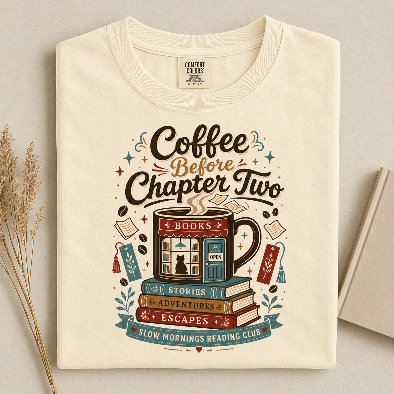 Coffee Before Chapter Two coffee lover and book lover T-shirt in Ivory Comfort Colors featuring a warm vintage coffee and books illustration.