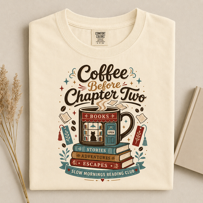 Coffee Before Chapter Two coffee lover and book lover T-shirt in Ivory Comfort Colors featuring a warm vintage coffee and books illustration.