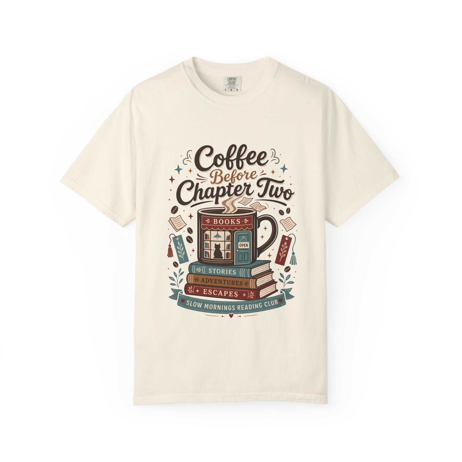 Front view of the Coffee Before Chapter Two Ivory Comfort Colors coffee lover and book lover T-shirt featuring a cozy coffee and books illustration.