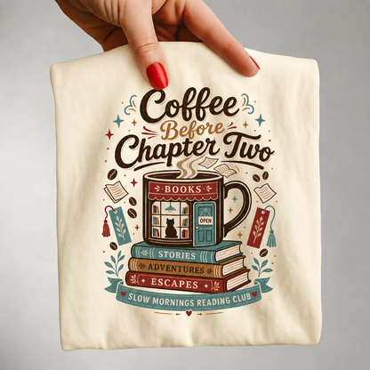 Close-up handheld view of the Coffee Before Chapter Two Ivory Comfort Colors coffee lover and book lover T-shirt highlighting the detailed vintage artwork.