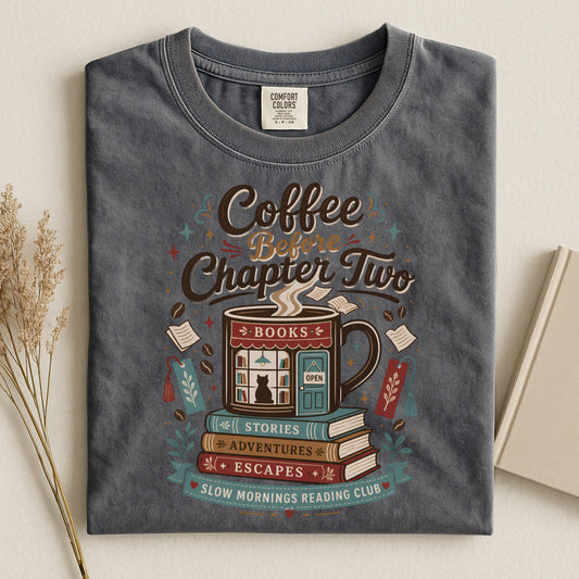 Coffee Before Chapter Two coffee lover and book lover T-shirt in Pepper Comfort Colors featuring a vintage bookstore and coffee illustration for cozy readers.