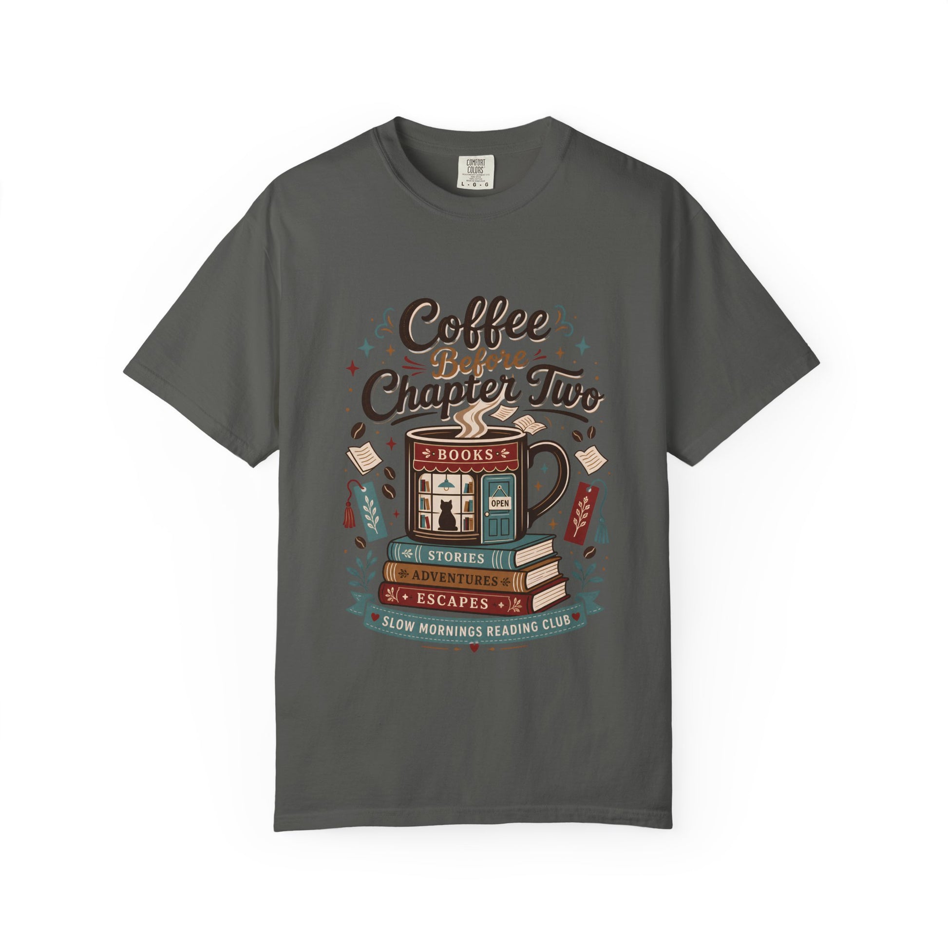Front view of the Coffee Before Chapter Two Pepper Comfort Colors coffee lover and book lover T-shirt featuring a vintage bookstore and coffee illustration.