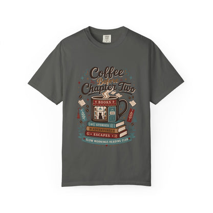 Front view of the Coffee Before Chapter Two Pepper Comfort Colors coffee lover and book lover T-shirt featuring a vintage bookstore and coffee illustration.