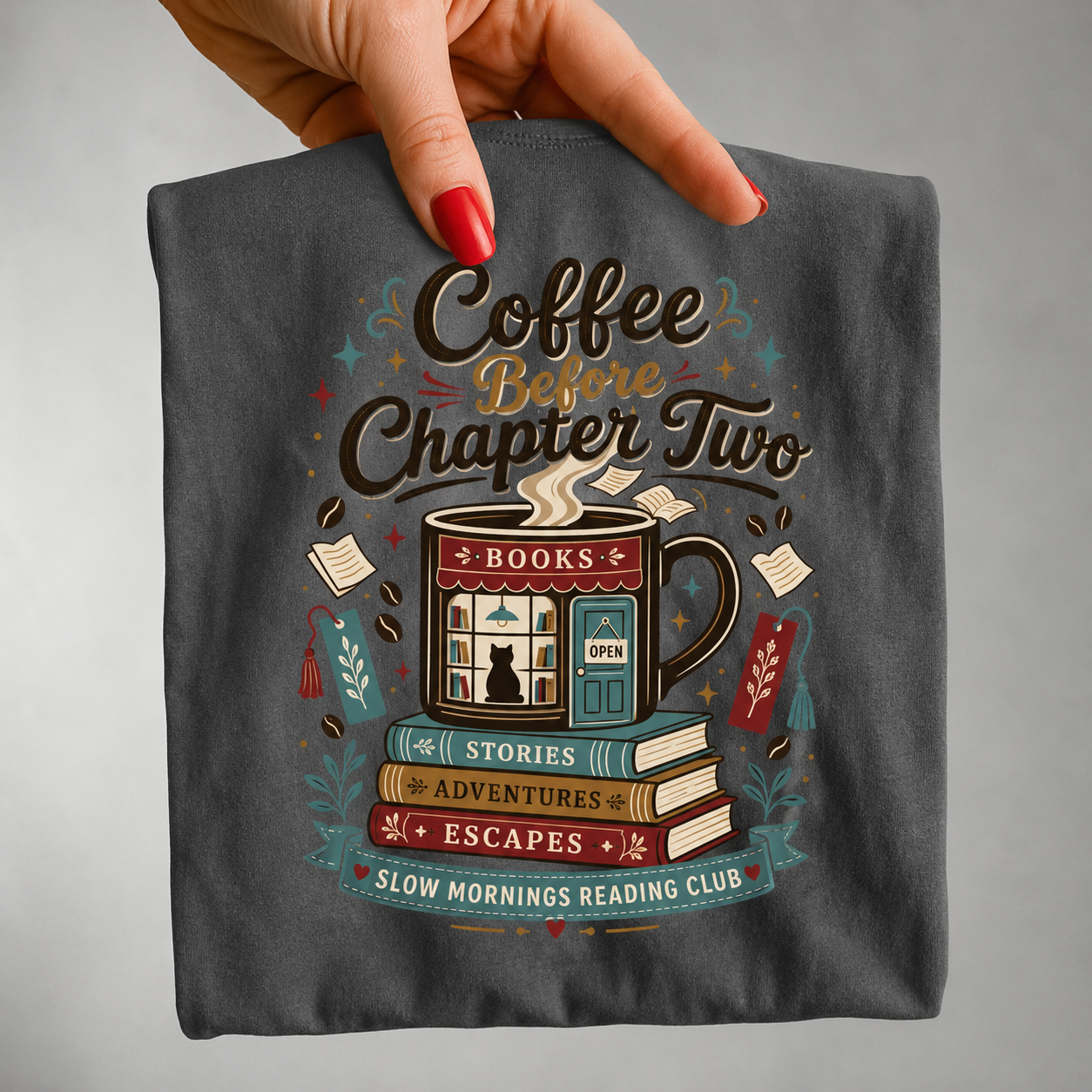 Close-up handheld view of the Coffee Before Chapter Two Pepper Comfort Colors coffee lover and book lover T-shirt displaying the detailed bookstore and coffee illustration.