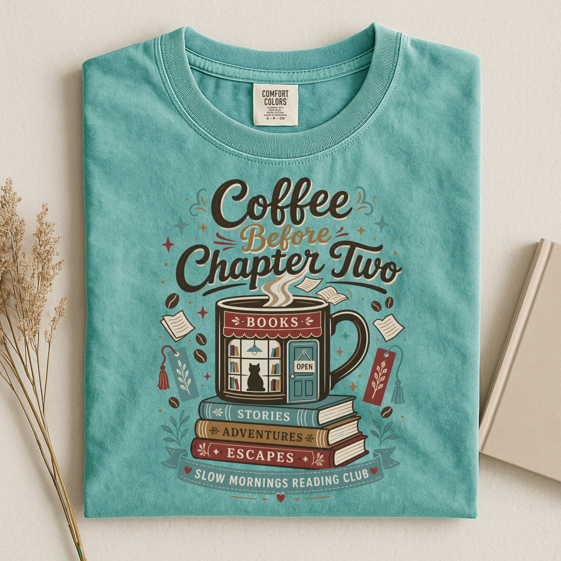 Coffee Before Chapter Two coffee lover and book lover T-shirt in Seafoam Comfort Colors featuring a cozy coffee and books design.