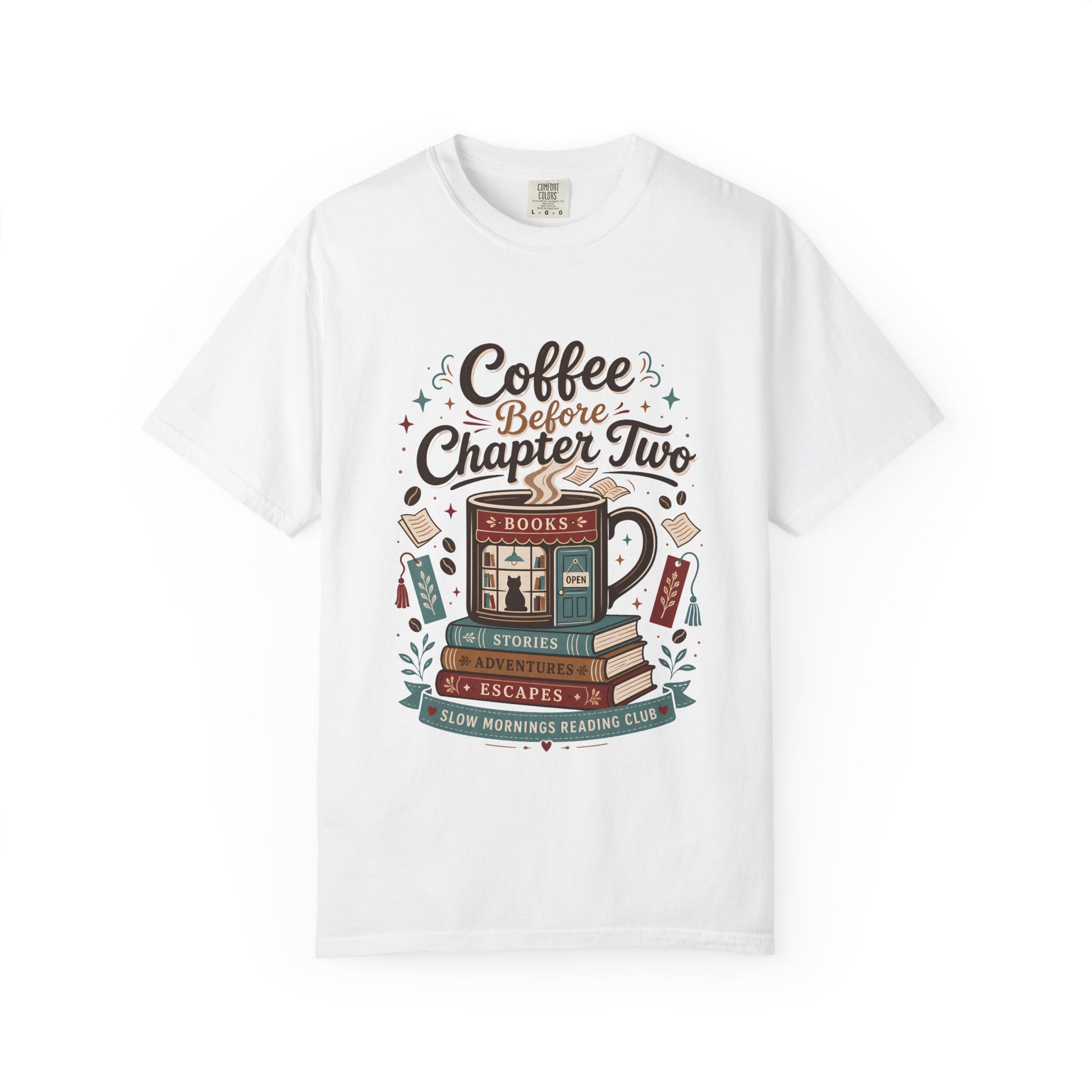 Front view of the Coffee Before Chapter Two White Comfort Colors coffee lover and book lover T-shirt featuring a vintage bookstore and coffee design.