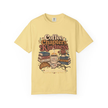 Coffee, Chapters, Kindness cozy reader T-shirt with coffee, books and croissant design on Butter.
