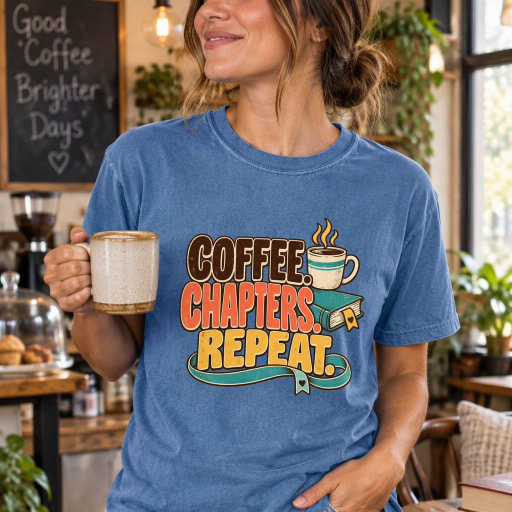 T-shirt featuring “Coffee. Chapters. Repeat.” in a lifestyle presentation.