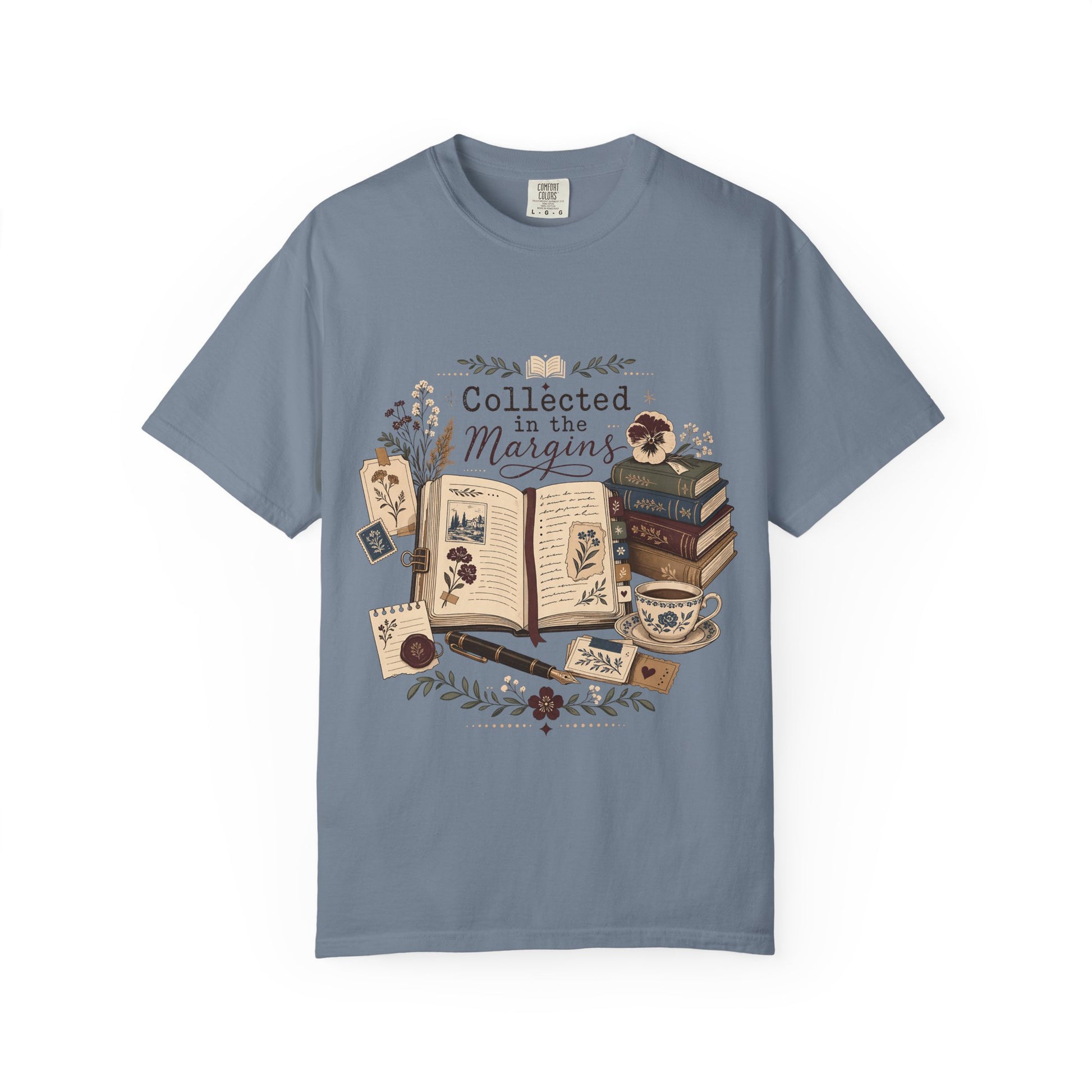 Collected in the Margins literary T-shirt with annotated open book, pressed flowers and notes on Blue Jean.