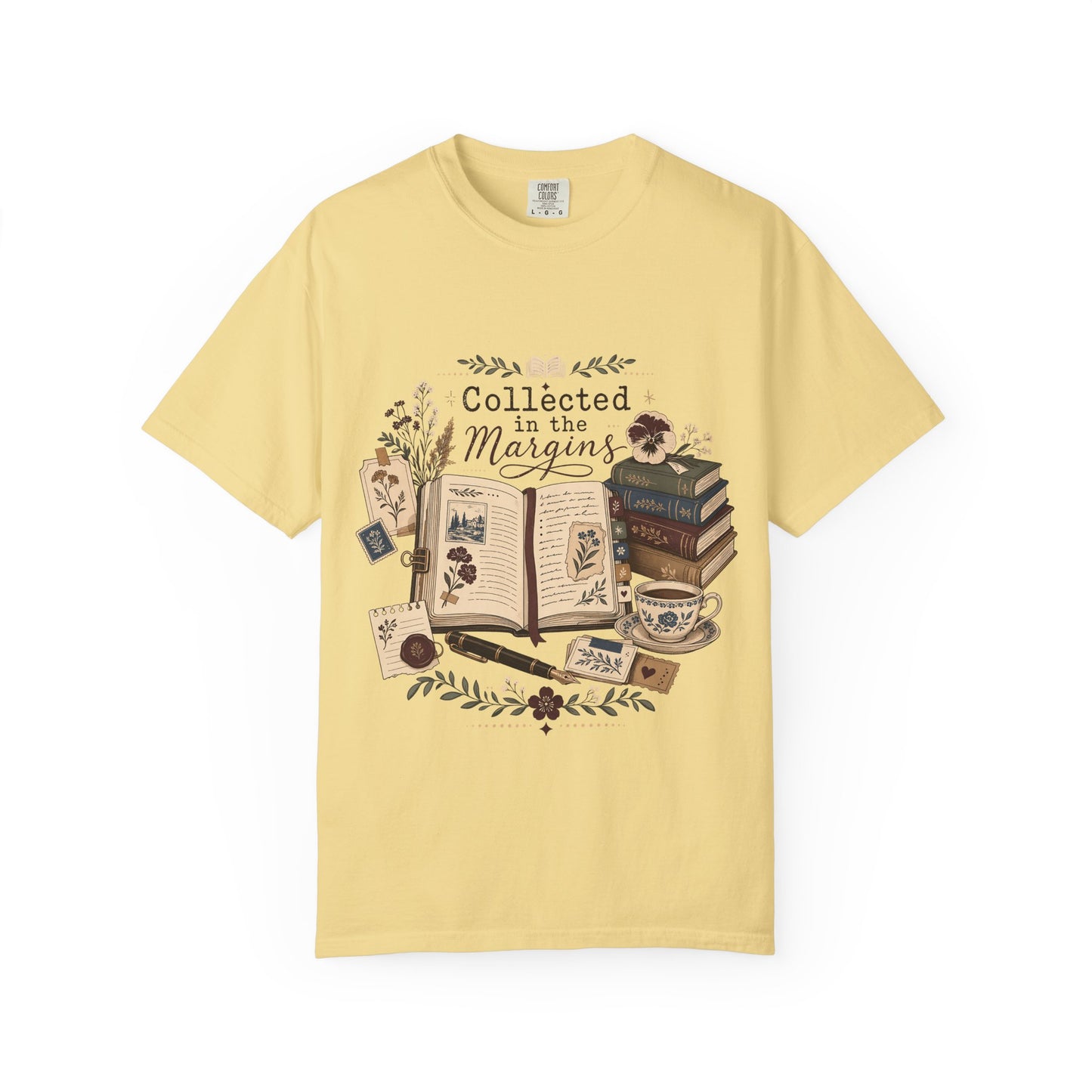 Collected in the Margins literary T-shirt with annotated open book, pressed flowers and notes on Butter.