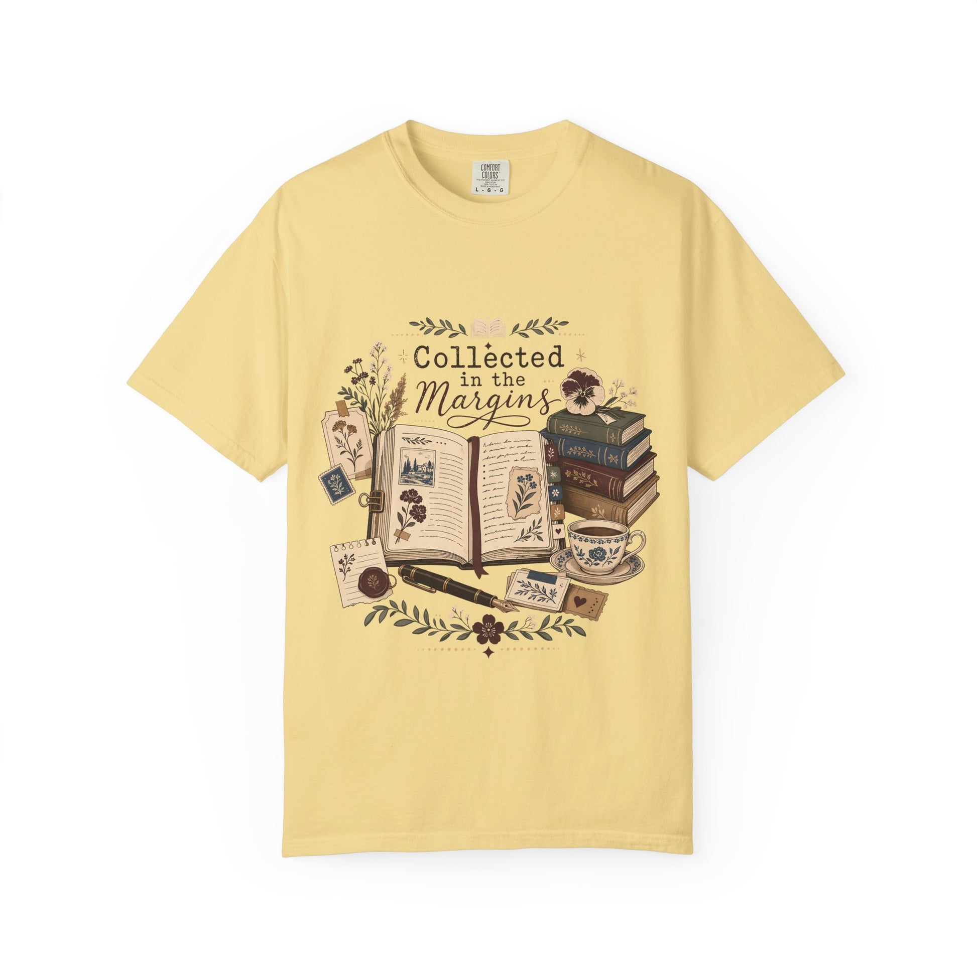 Collected in the Margins literary T-shirt with annotated open book, pressed flowers and notes on Butter.