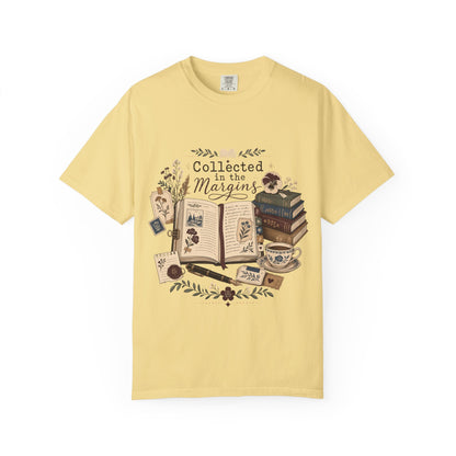 Collected in the Margins literary T-shirt with annotated open book, pressed flowers and notes on Butter.