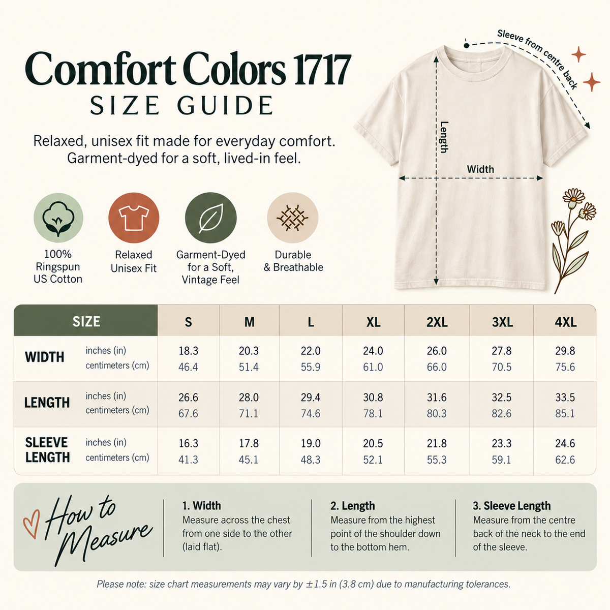 Comfort Colors 1717 size guide for S–4XL, with garment measurements in inches and centimetres and measuring instructions.