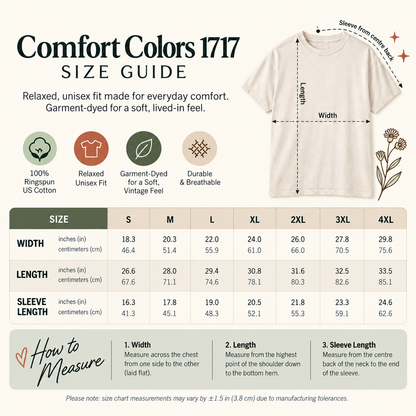Comfort Colors 1717 size guide for S–4XL, with garment measurements in inches and centimetres and measuring instructions.