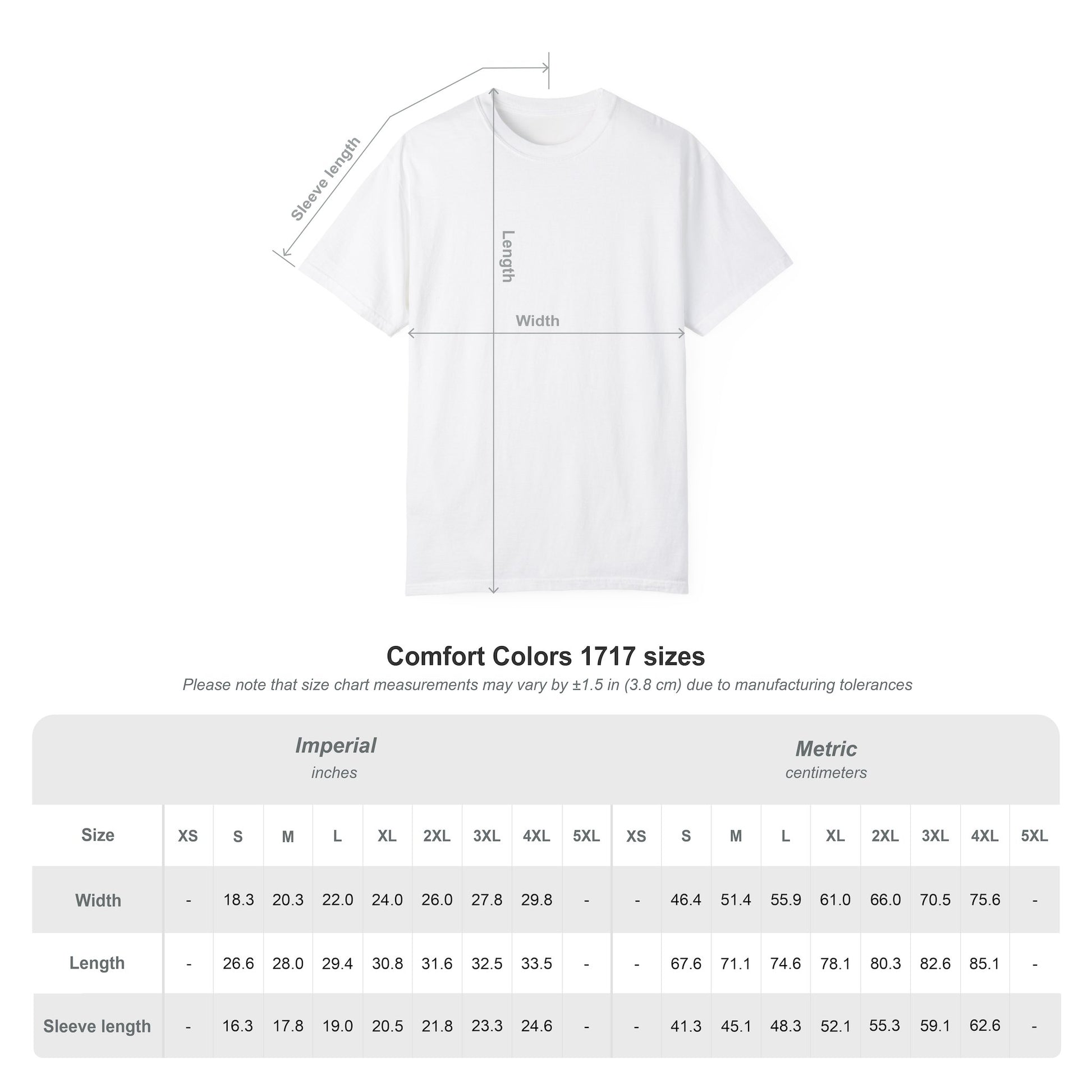 Comfort Colors 1717 unisex T-shirt size chart showing width, length and sleeve measurements in inches and centimetres for sizes S to 4XL.