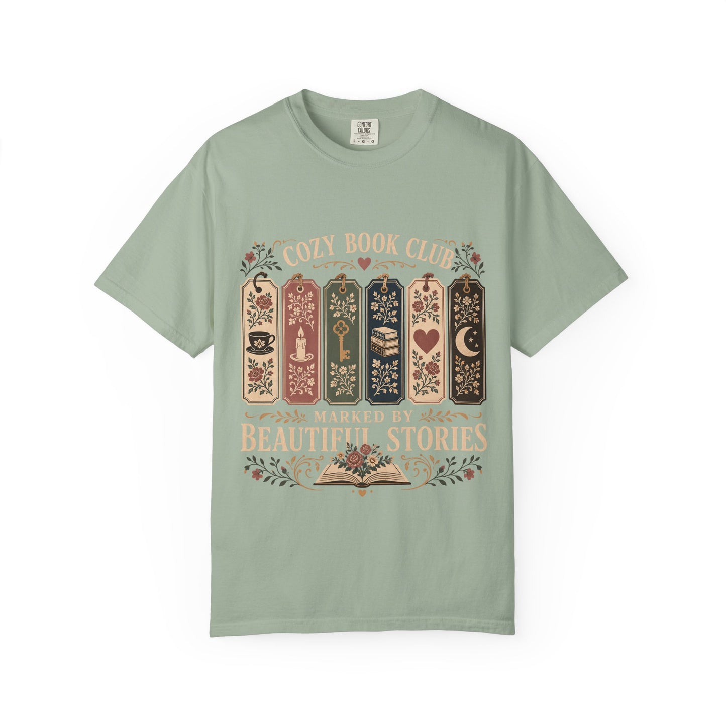 Cozy Book Club – Marked by Beautiful Stories Book Club Shirt on a Bay Comfort Colors T-shirt.