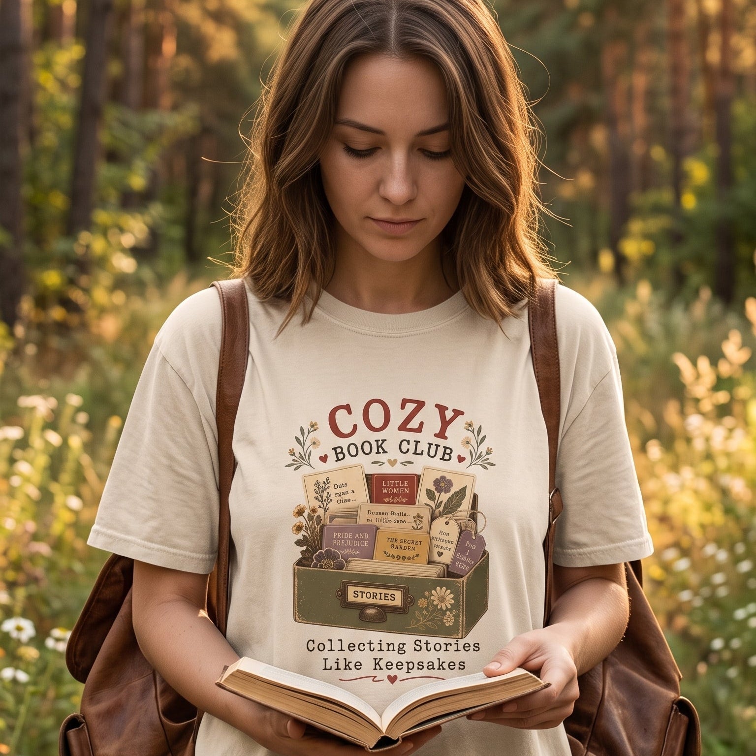 Cozy Book Club T-shirt featuring a vintage collection of classic books, reading notes and botanical details