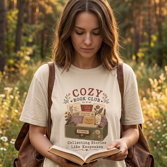 Cozy Book Club T-shirt featuring a vintage collection of classic books, reading notes and botanical details
