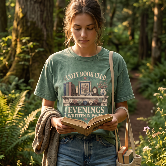 Woman wearing the Cozy Book Club Evenings Written in Pages Comfort Colors® book club shirt while reading outdoors, showcasing the vintage literary bookshelf design.