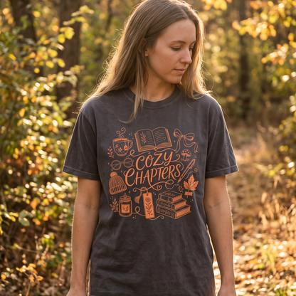 Woman wearing a Pepper Cozy Chapters Comfort Colors book lover T-shirt while carrying a book outdoors in autumn.