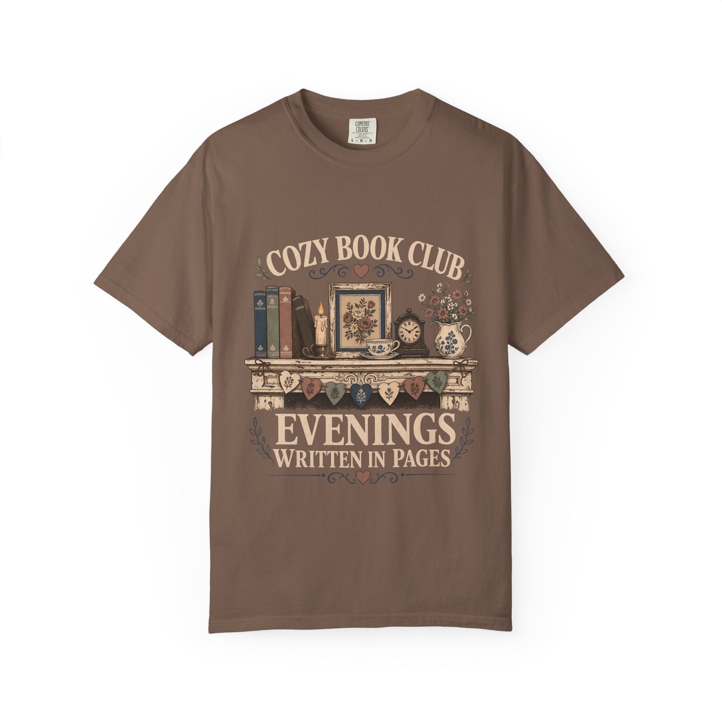 Evenings Written in Pages cozy book club T-shirt in Espresso featuring books, a candle, floral teacup, flowers and vintage mantel