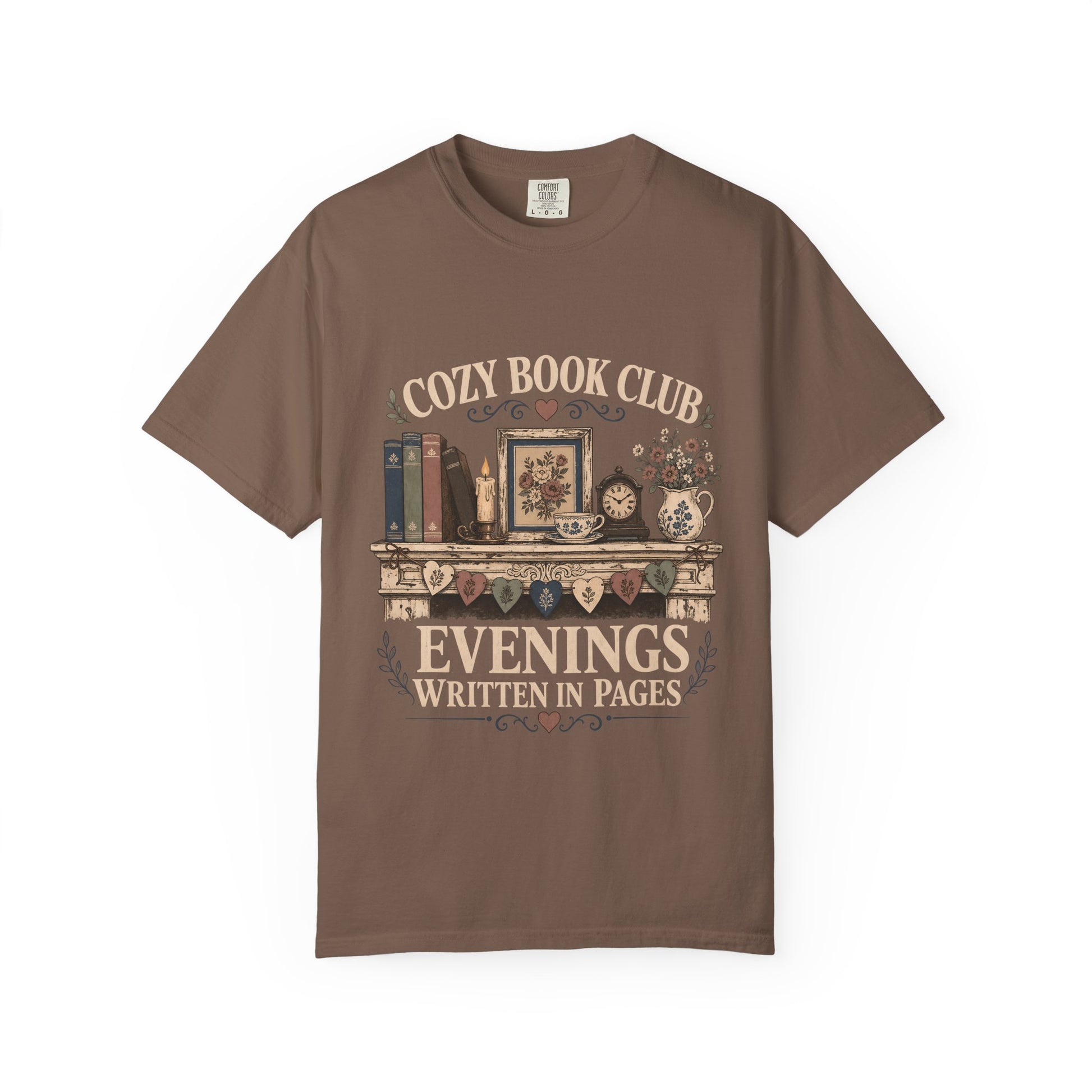 Evenings Written in Pages cozy book club T-shirt in Espresso featuring books, a candle, floral teacup, flowers and vintage mantel