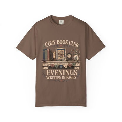 Evenings Written in Pages cozy book club T-shirt in Espresso featuring books, a candle, floral teacup, flowers and vintage mantel