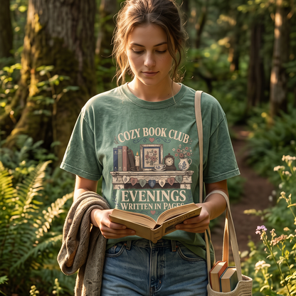 Evenings Written in Pages cozy book club T-shirt featuring a vintage mantel with books, flowers, candle, clock and floral teacup