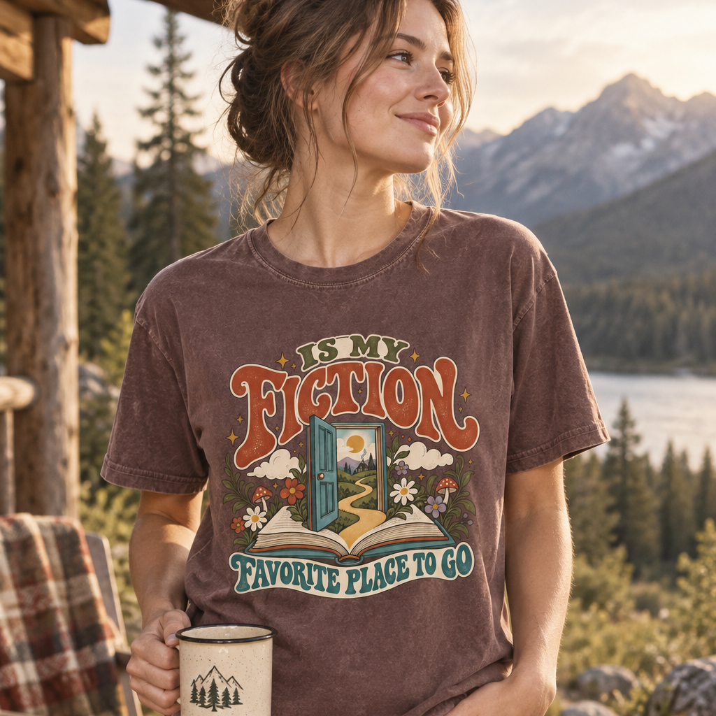 T-shirt featuring “FICTION / IS MY / FAVORITE PLACE TO GO” in a lifestyle presentation.