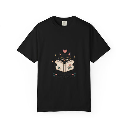 Front view of the black Chapter Companion book lover cat T-shirt by Flourish Creation Labs designed for readers and book lovers.