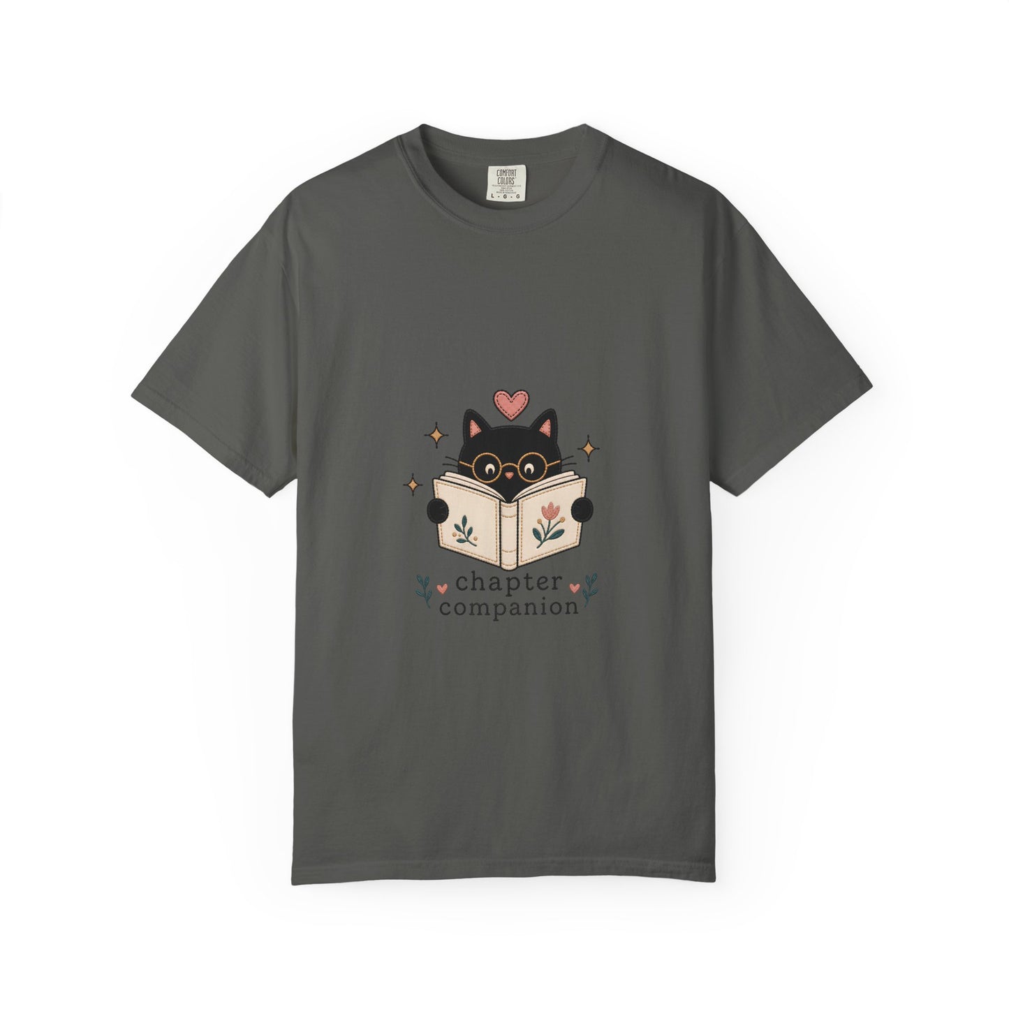 Front view of the pepper Chapter Companion Comfort Colors® book lover cat T-shirt by Flourish Creation Labs.
