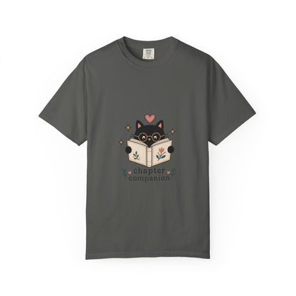 Front view of the pepper Chapter Companion Comfort Colors® book lover cat T-shirt by Flourish Creation Labs.