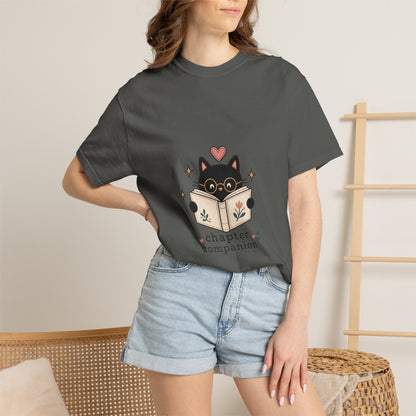 Woman wearing the pepper Chapter Companion book lover cat T-shirt by Flourish Creation Labs, inspired by books, reading and quiet moments.