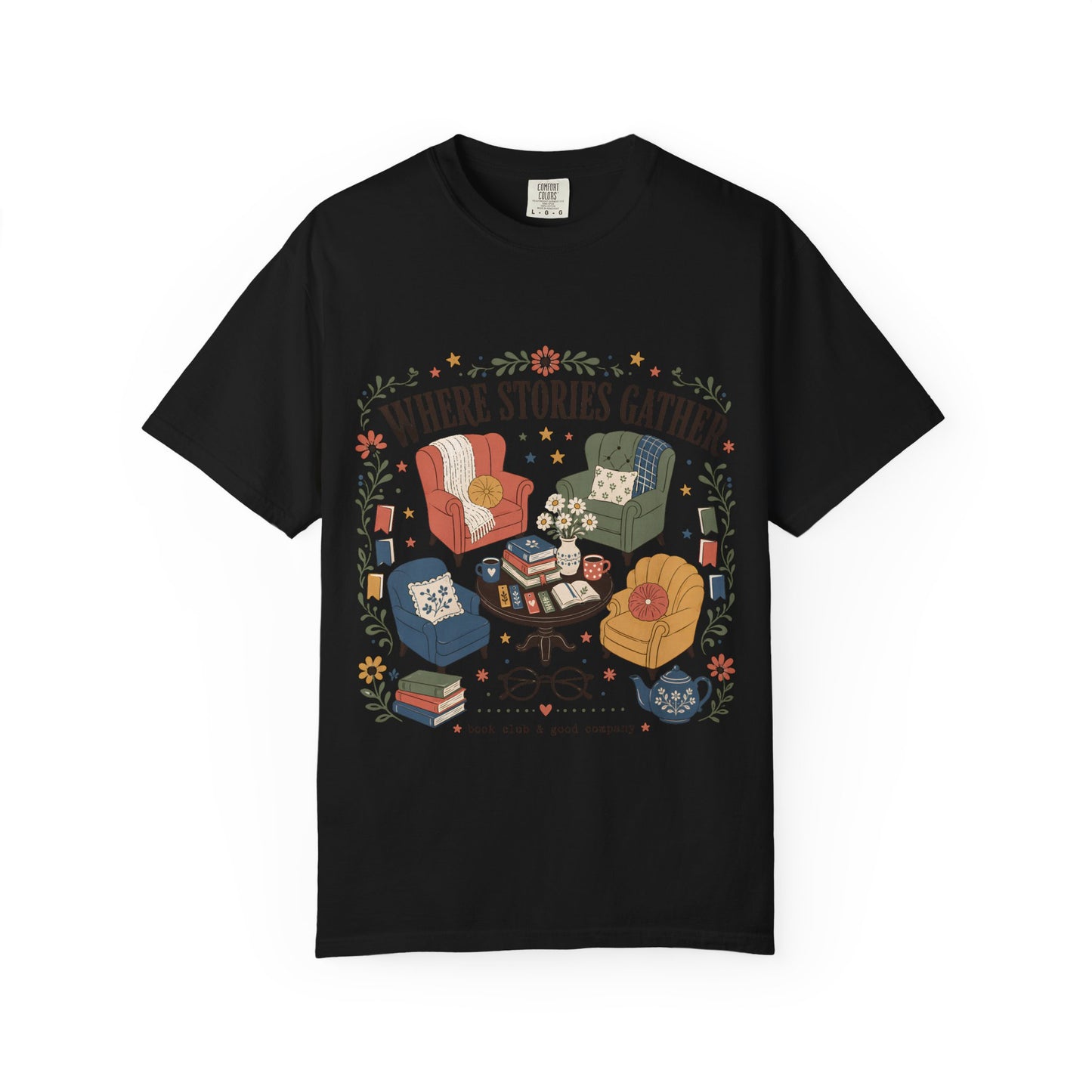 Front view of the black Comfort Colors® Where Stories Gather graphic T-shirt by Flourish Creation Labs.