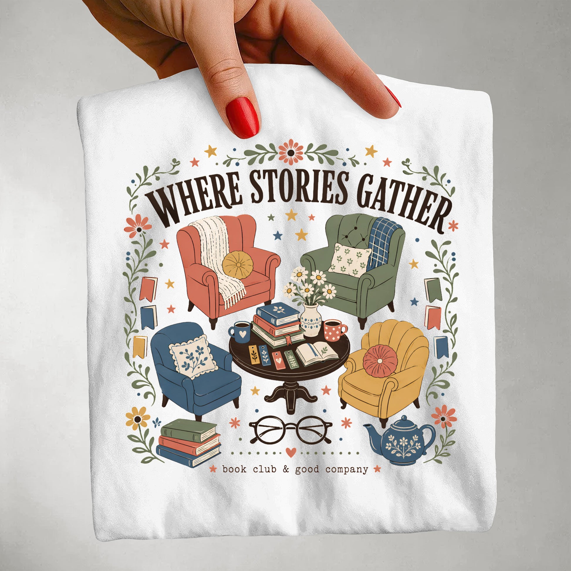 Close-up of the colourful Where Stories Gather illustration inspired by books, bookshops, libraries and reading communities.