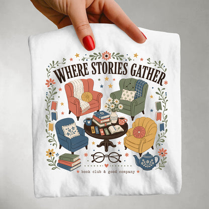 Close-up of the colourful Where Stories Gather illustration inspired by books, bookshops, libraries and reading communities.