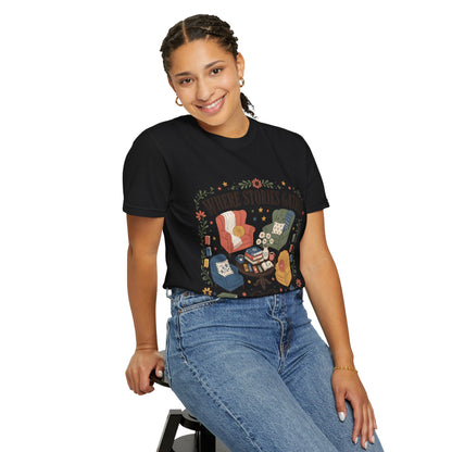 Woman wearing the black Where Stories Gather library-inspired T-shirt celebrating the places where stories bring people together.