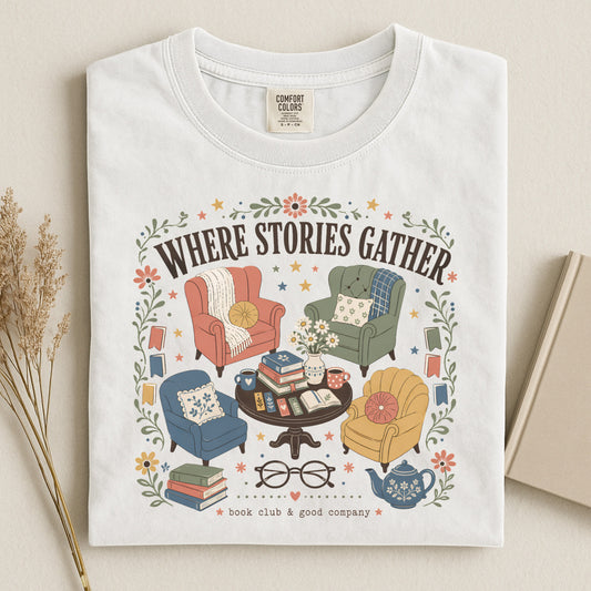 Folded ivory literary graphic T-shirt featuring the Where Stories Gather design created for readers and book lovers.