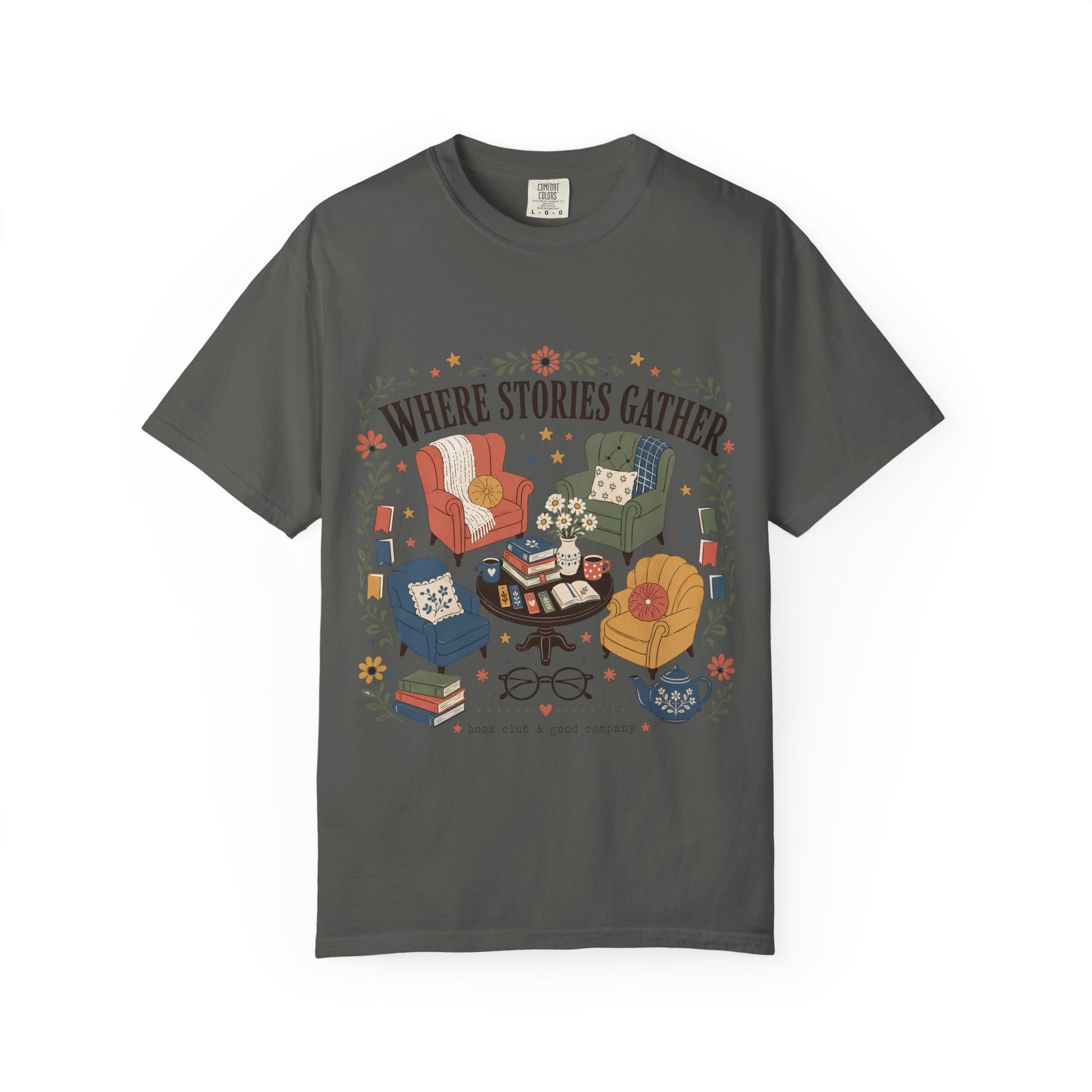 Front view of the pepper Where Stories Gather Comfort Colors® T-shirt for readers and book lovers.