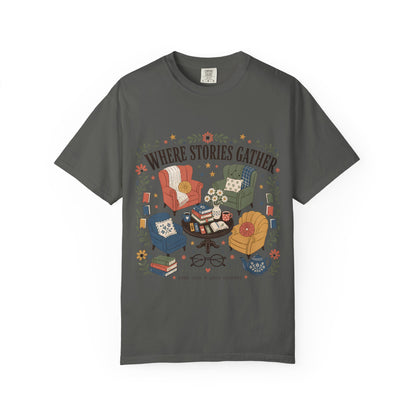 Front view of the pepper Where Stories Gather Comfort Colors® T-shirt for readers and book lovers.
